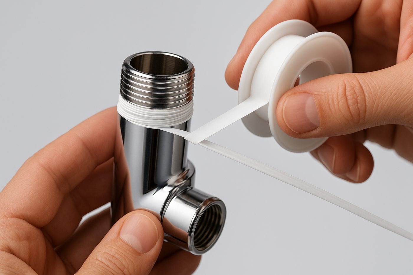 White PTFE tape wrapped on a chrome water fitting
