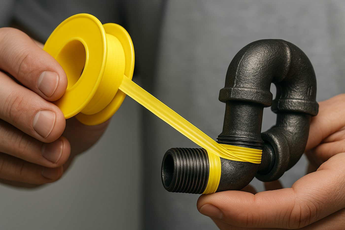 Yellow PTFE tape wrapped on a black-iron gas fitting